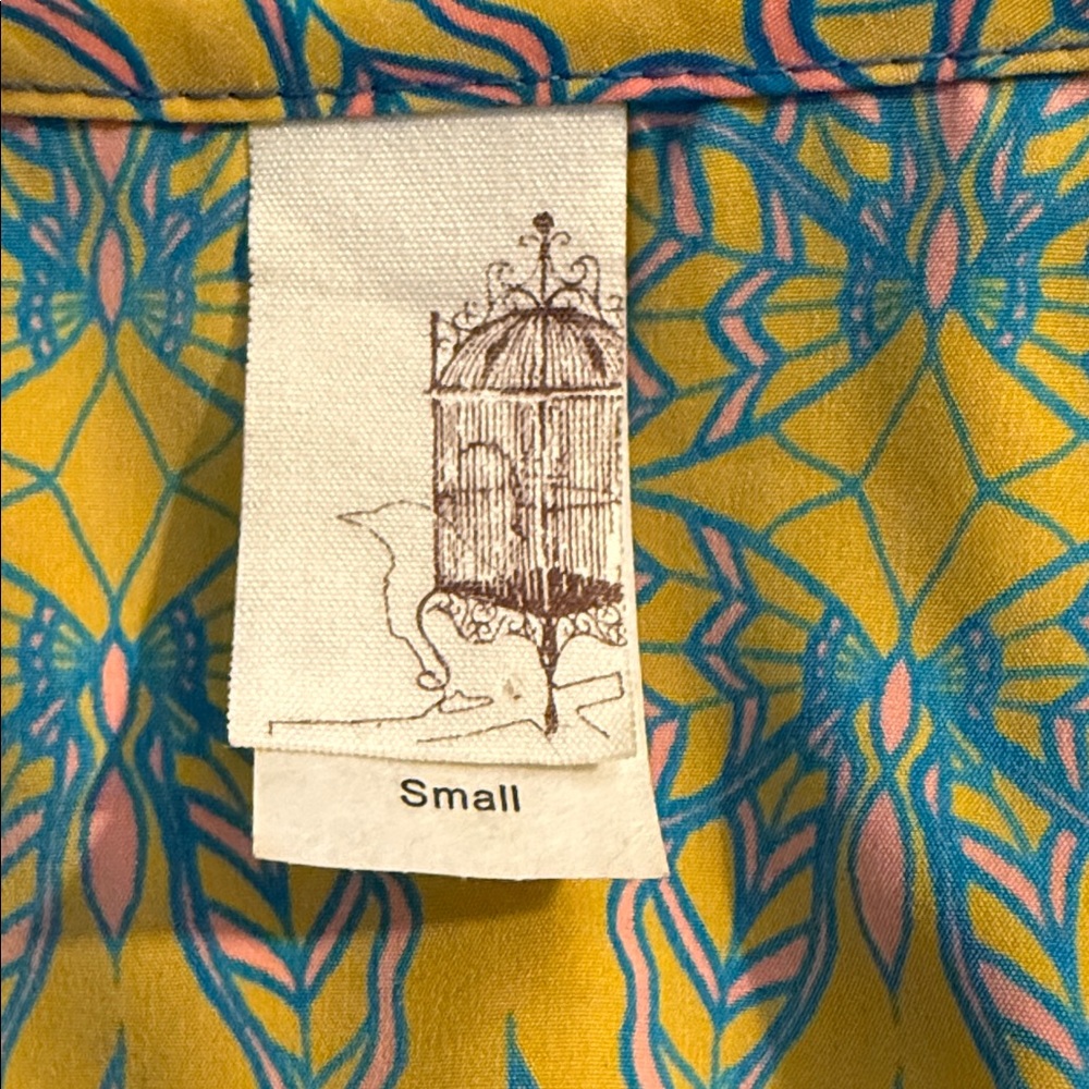 Birdcage size S Buttery Yellow and Blue Patterned Dress EUC - Picture 4 of 5